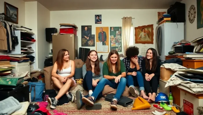 Students surrounded by a cluttered, shared apartment space.