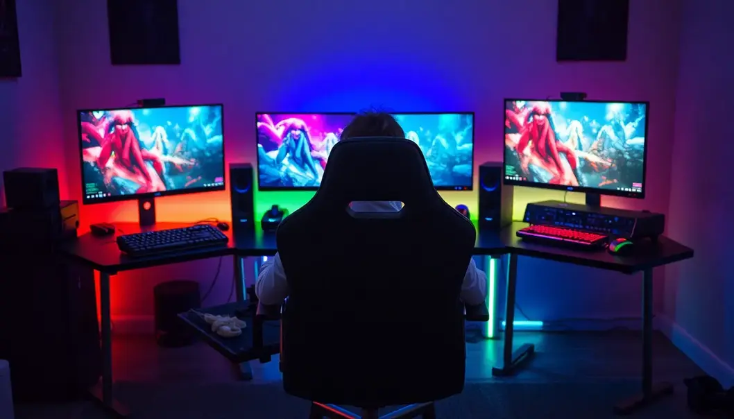 Gamer at an ergonomic setup with dual monitors and essential gaming gear.
