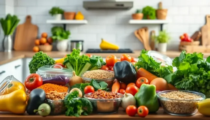 Fresh ingredients for healthy cooking displayed on a kitchen countertop.