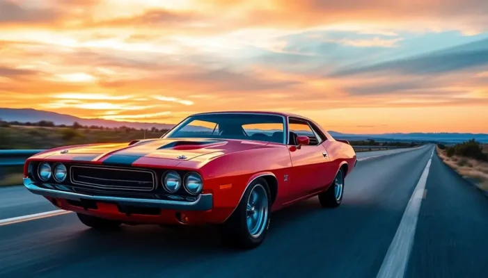 A classic muscle car on a highway during sunset.