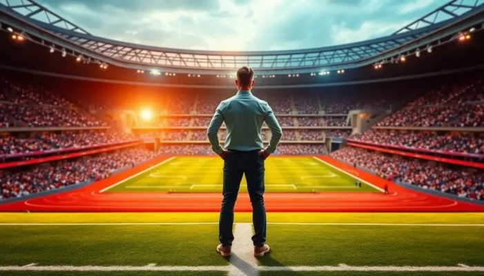 Person in a stadium split between sports and office environments.